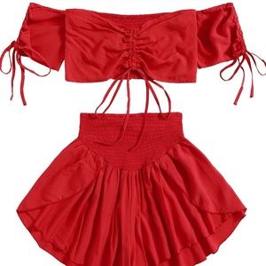 NWOT Boho Outfit Off Shoulder Drawstring Crop Top and Bottom